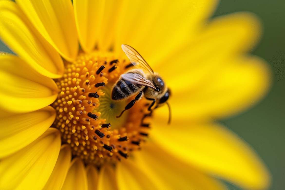 Abeille butinant un tournesol jaune en plein jour