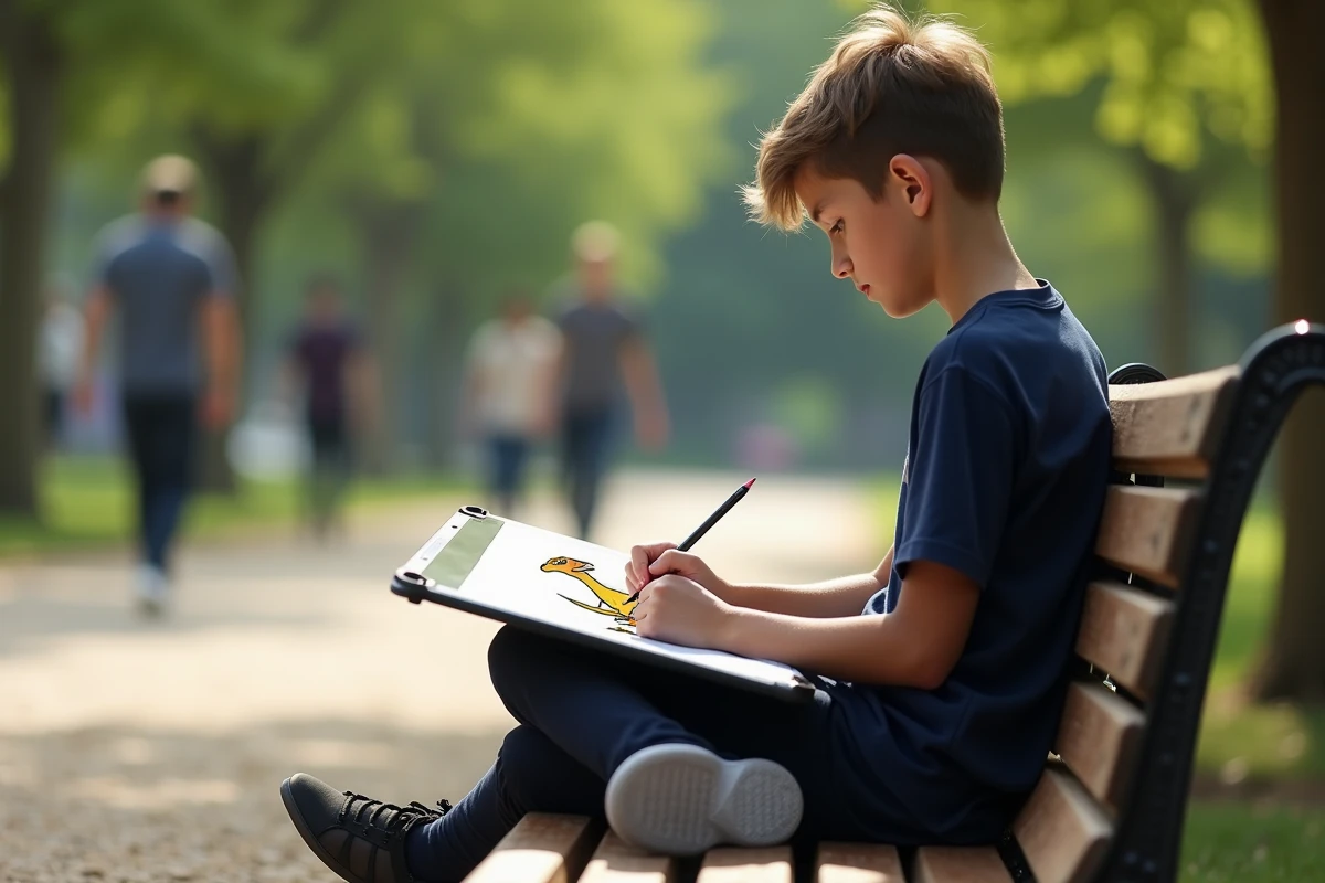 Adolescent dessinant un Charizard sur un banc de parc en plein air