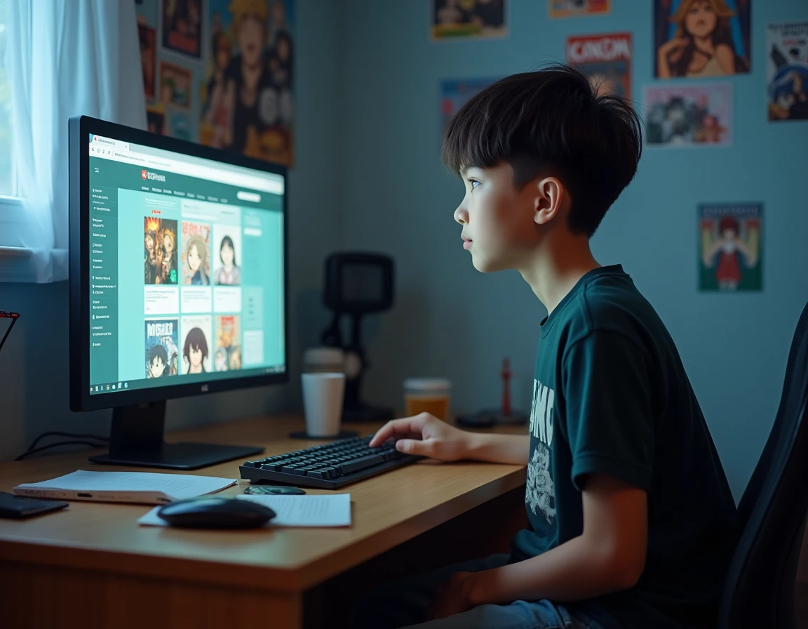 Adolescent naviguant sur un site de lecture de manga en ligne depuis son bureau d'étudiant avec des posters d'anime au mur