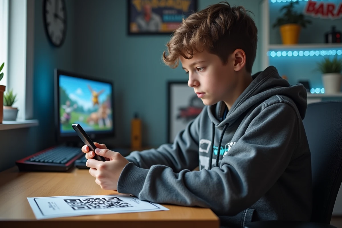 Adolescent scannant un QR code Brawl Stars imprimé avec son smartphone dans sa chambre de gamer