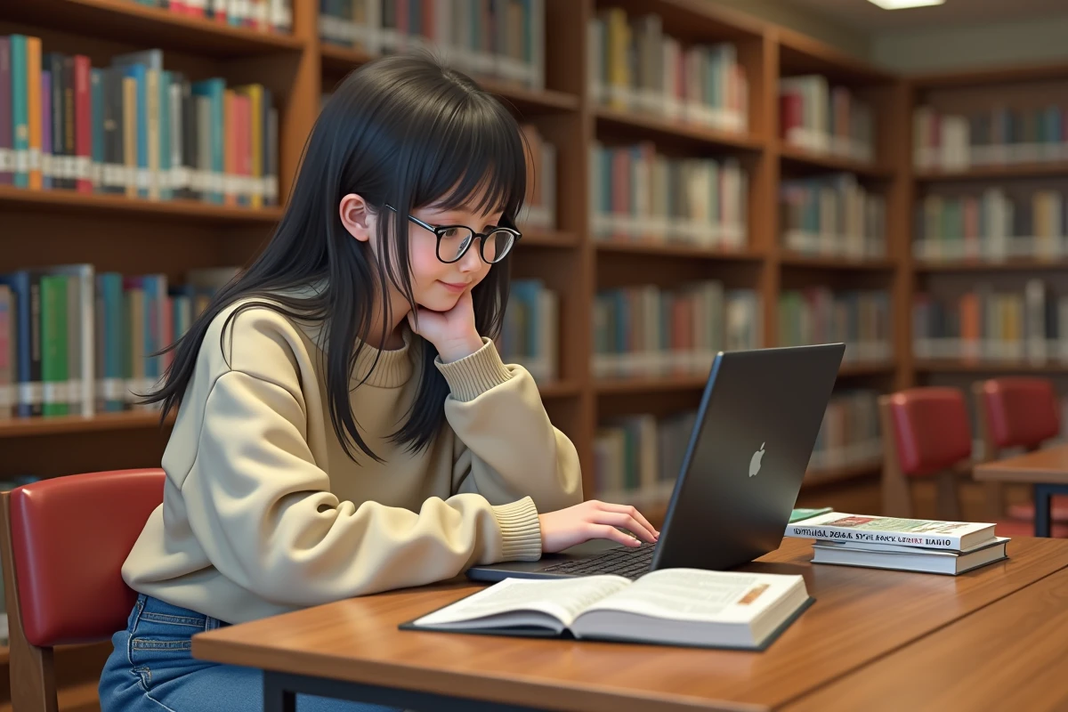 Adolescente avec lunettes naviguant sur site manga à la bibliothèque