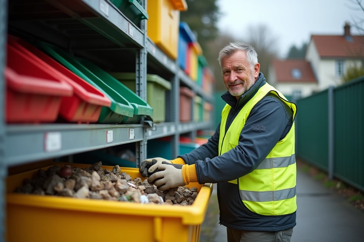 Agent de déchetterie triant des matériaux recyclables dans des bacs colorés d'un centre de tri en France