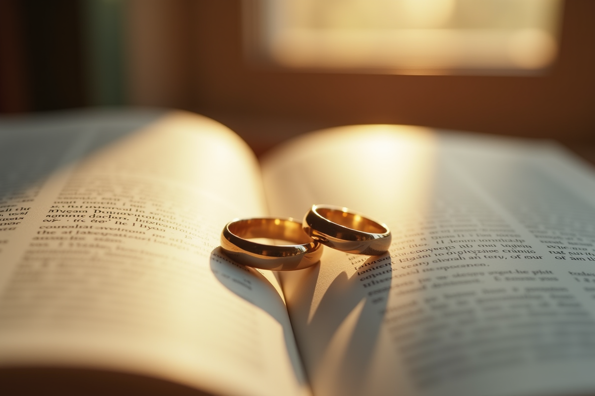 Alliances de mariage sur un livre sous une lumiere douce
