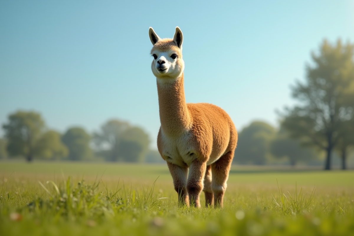Alpaga adulte dans une prairie ensoleillee