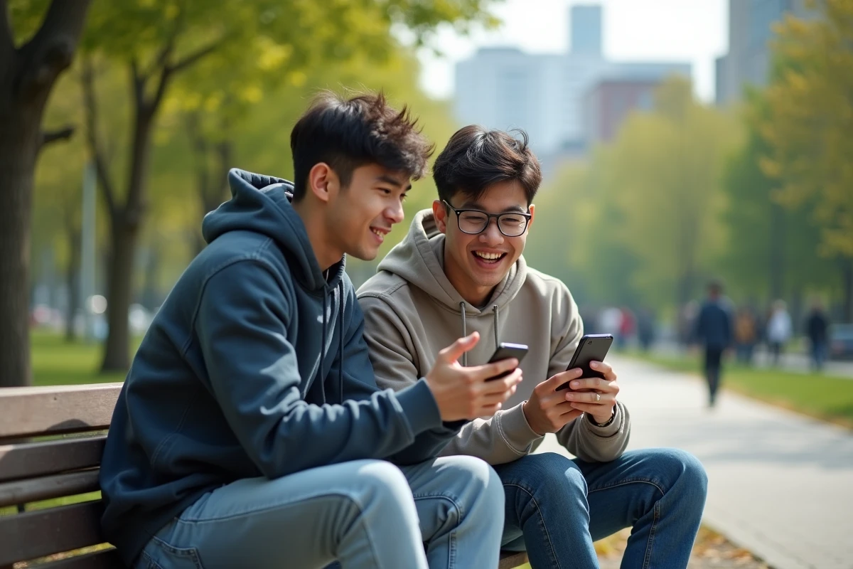 Deux amis lisant ensemble le dernier chapitre de One Punch Man en version française sur smartphone dans un parc urbain