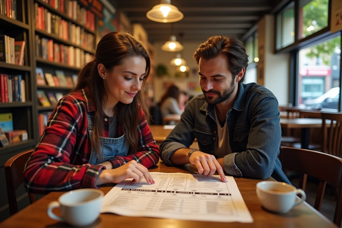 Deux amis dans une librairie café discutant de l'ordre de visionnage conseillé pour la saga Le Hobbit autour d'une frise chronologique imprimée
