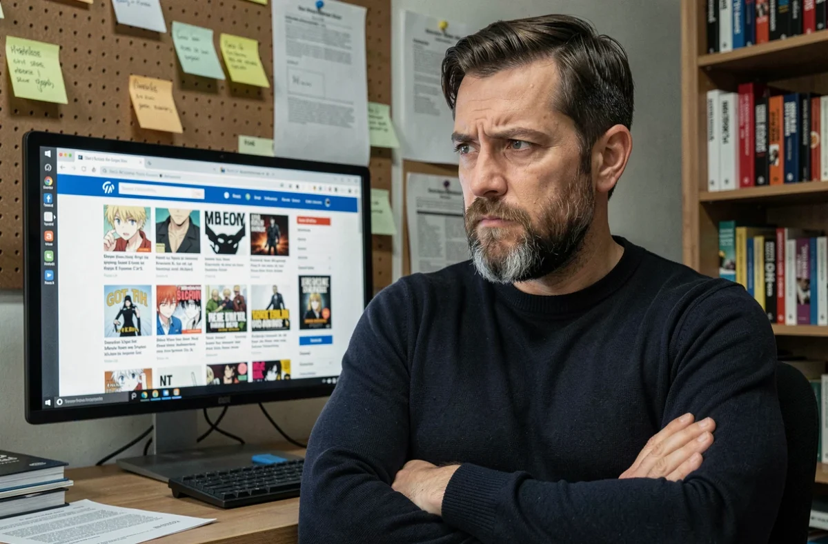 Homme analysant un site de lecture en ligne de mangas sur un ordinateur de bureau, questionnant la légalité des plateformes de scan comme Epsilonscan