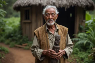 Homme kanak âgé tenant un totem tribal en pleine nature