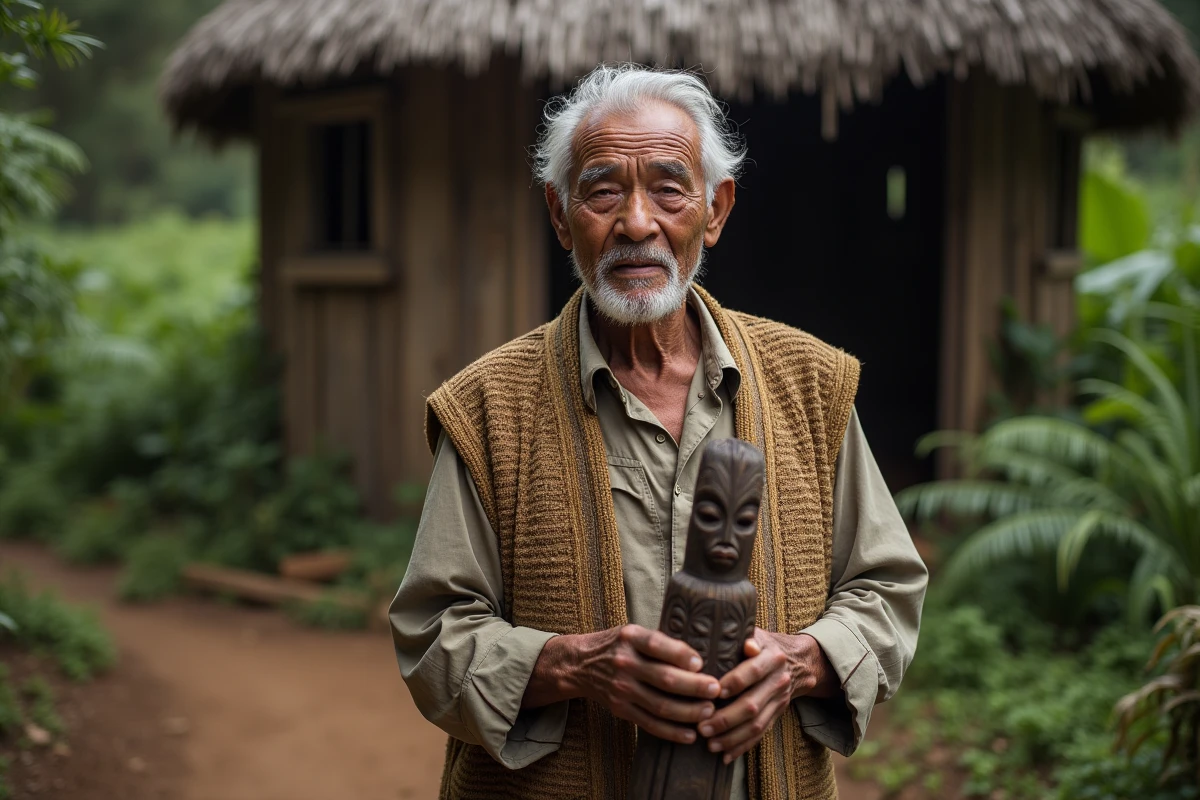 Homme kanak âgé tenant un totem tribal en pleine nature