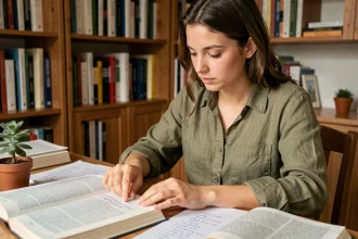 Jeune femme apprenant le portugais en étudiant le vocabulaire dans ses manuels avec une expression concentrée et curieuse