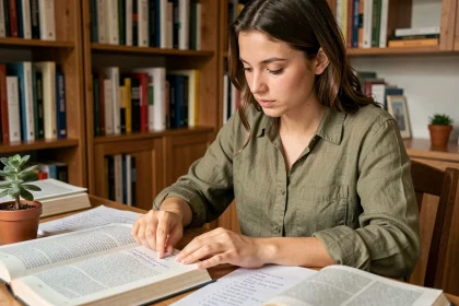 Jeune femme apprenant le portugais en étudiant le vocabulaire dans ses manuels avec une expression concentrée et curieuse