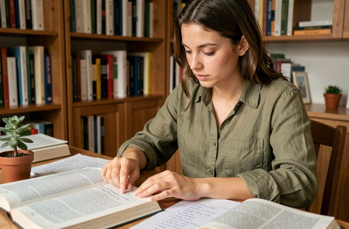 Jeune femme apprenant le portugais en étudiant le vocabulaire dans ses manuels avec une expression concentrée et curieuse