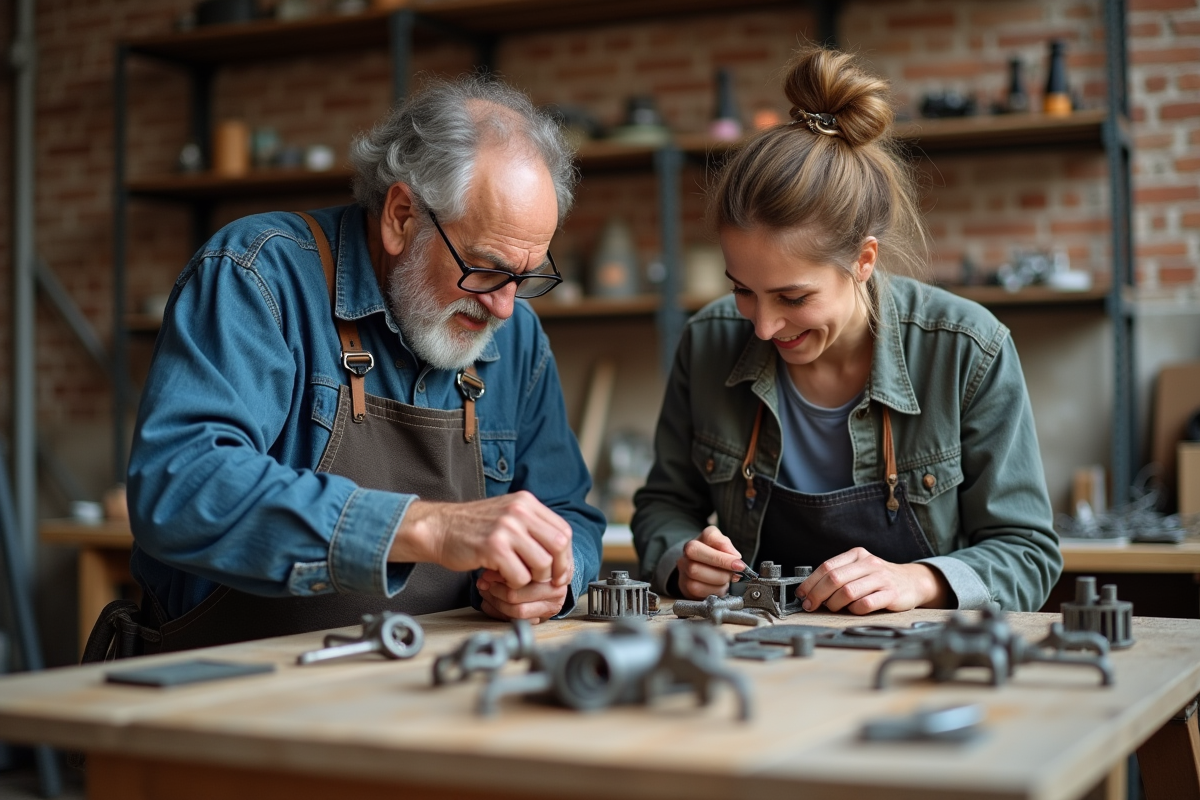 Artisan collaborant avec une jeune femme sur des pièces métalliques recyclées