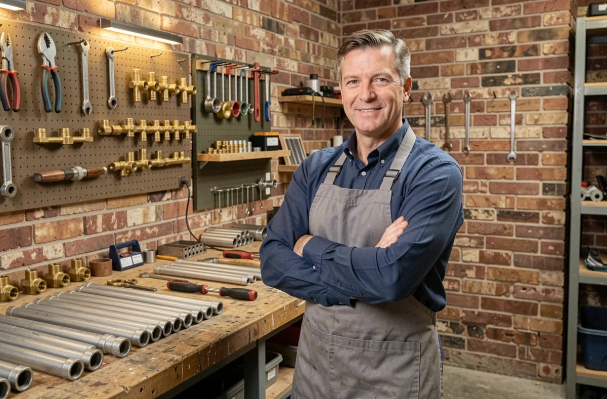 Artisan de l'Atelier Delaunay posant dans son atelier de plomberie organisé avec outils et raccords en laiton