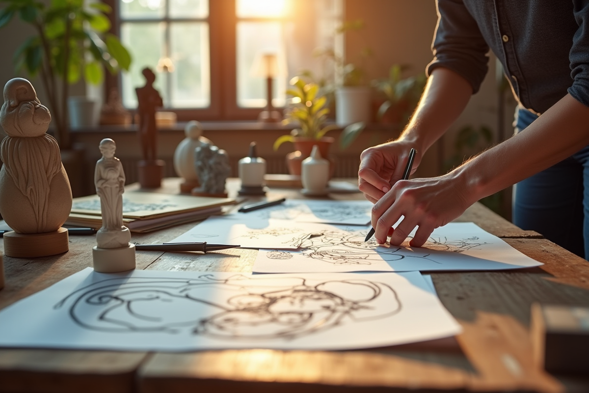 Espace de création avec croquis et sculptures modernes sur une table en bois