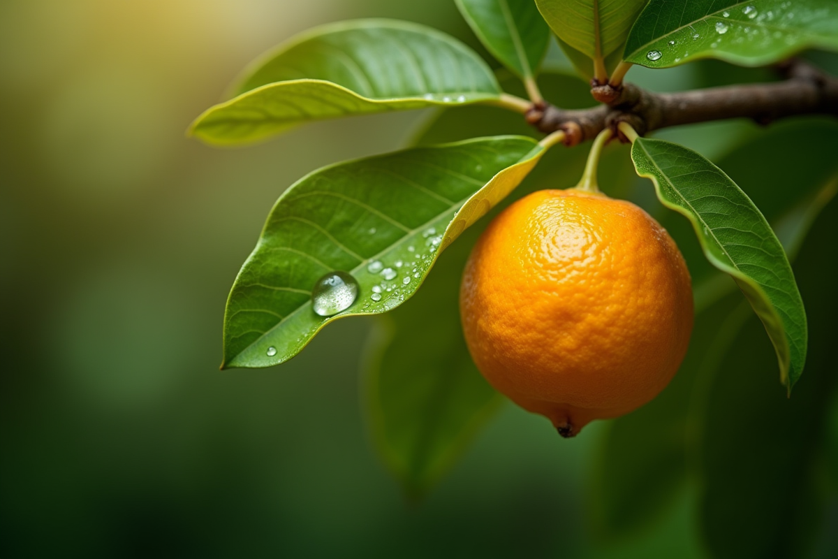 Bergamote suspendue avec gouttes de rosée sur la peau