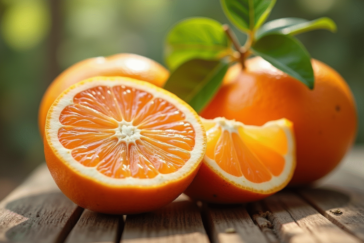 Fruits de bergamote tranchés sur une table en bois