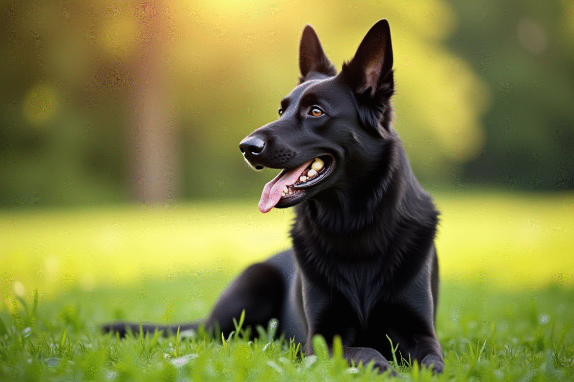 Chien berger allemand noir assis attentivement en plein jour