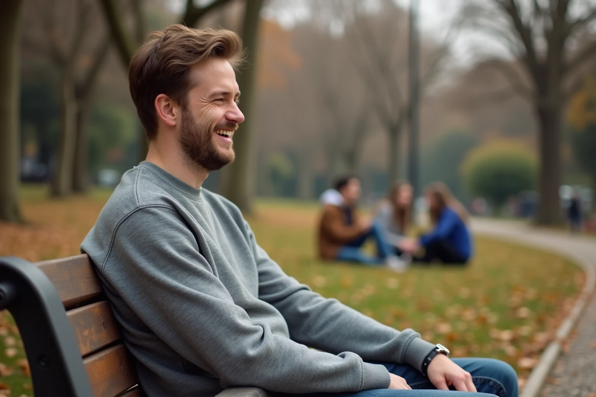 Jeune homme racontant une blague à ses amis assis dans un parc en automne