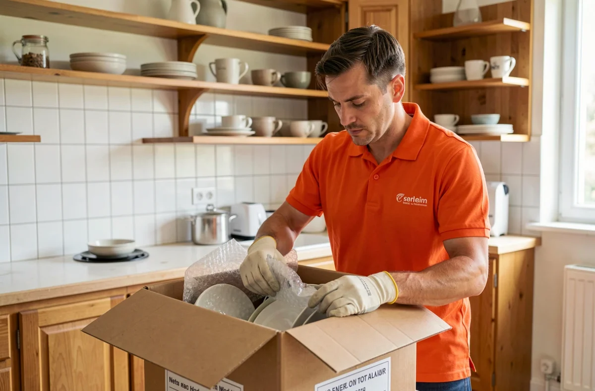 Déménageur Blanquart Déménagements emballant de la vaisselle fragile dans une cuisine d'une maison lilloise