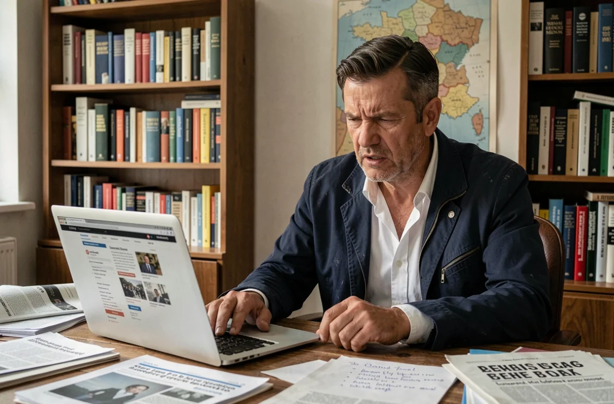 Un blogueur français d'âge mûr absorbé dans la rédaction d'un article engagé sur son bureau encombré de notes politiques