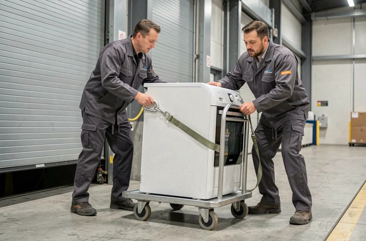 Équipe BST Déménagements fixant un appareil électroménager sur un diable dans un entrepôt logistique