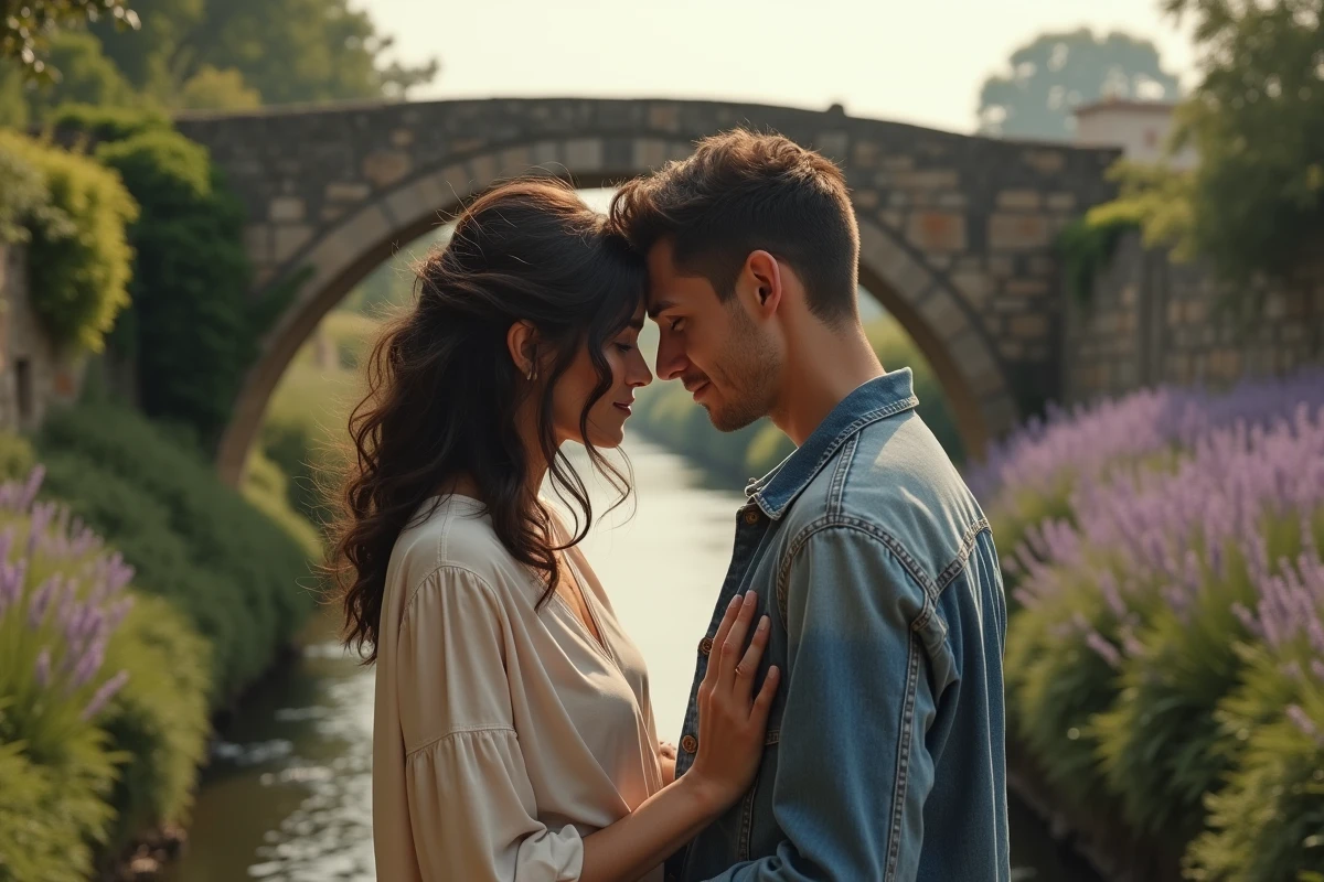 Couple romantique se tenant la main près d'un vieux pont en pierre dans la campagne française, illustrant les métaphores d'amour et les symboles poétiques de la chanson L'encre de tes yeux de Cabrel