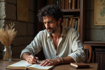 Homme écrivant à l'encre dans un journal intime dans un bureau en pierre rustique, évoquant les thèmes de l'amour et de la poésie de Francis Cabrel