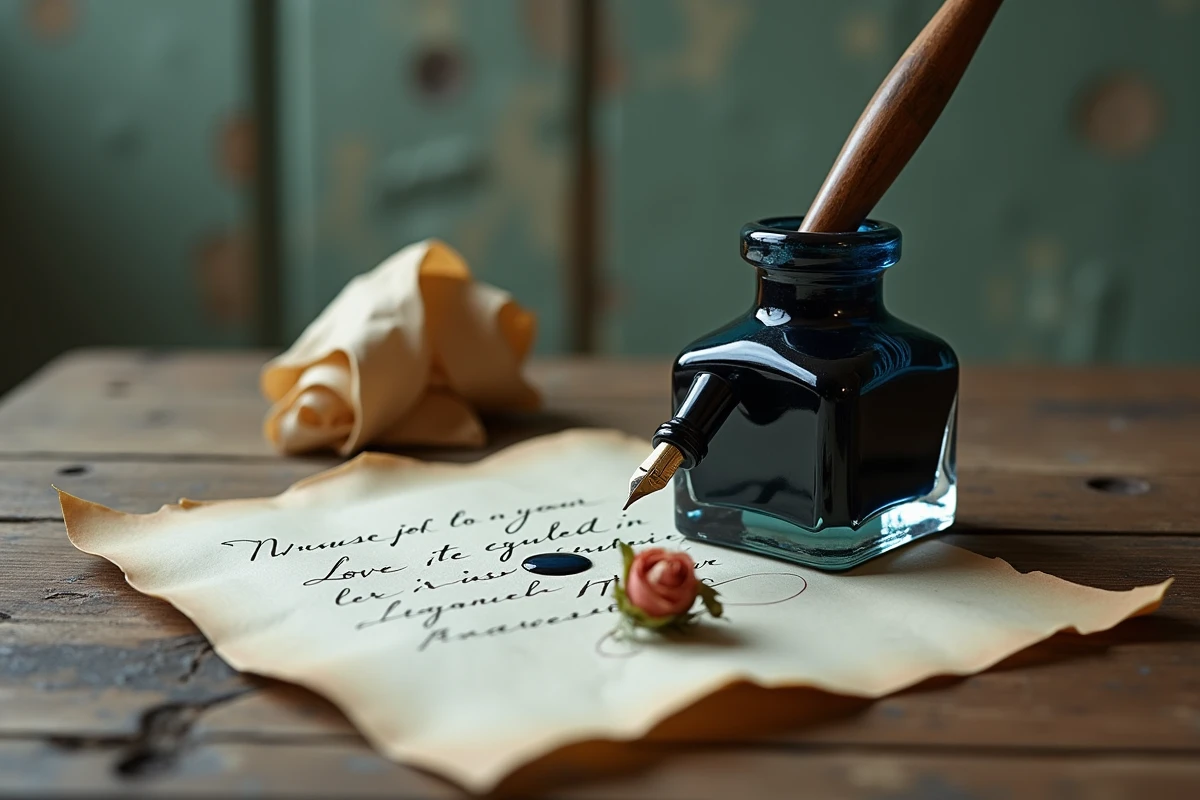 Nature morte poétique avec un encrier en verre, une plume ancienne et une lettre d'amour manuscrite sur une table en bois usé, symbolisant les thèmes lyriques de L'encre de tes yeux de Francis Cabrel