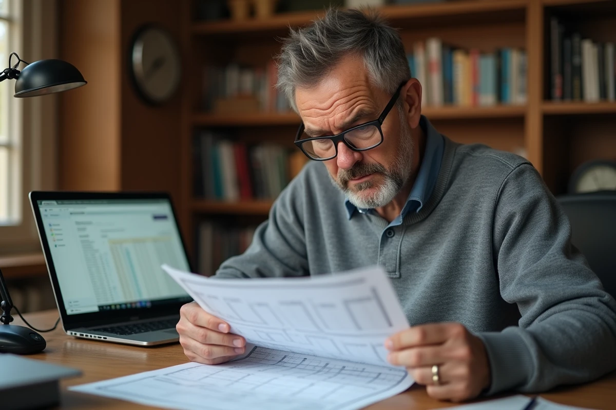 Homme consultant un tableau de calcul d'autonomie de batterie sur papier dans un bureau à domicile