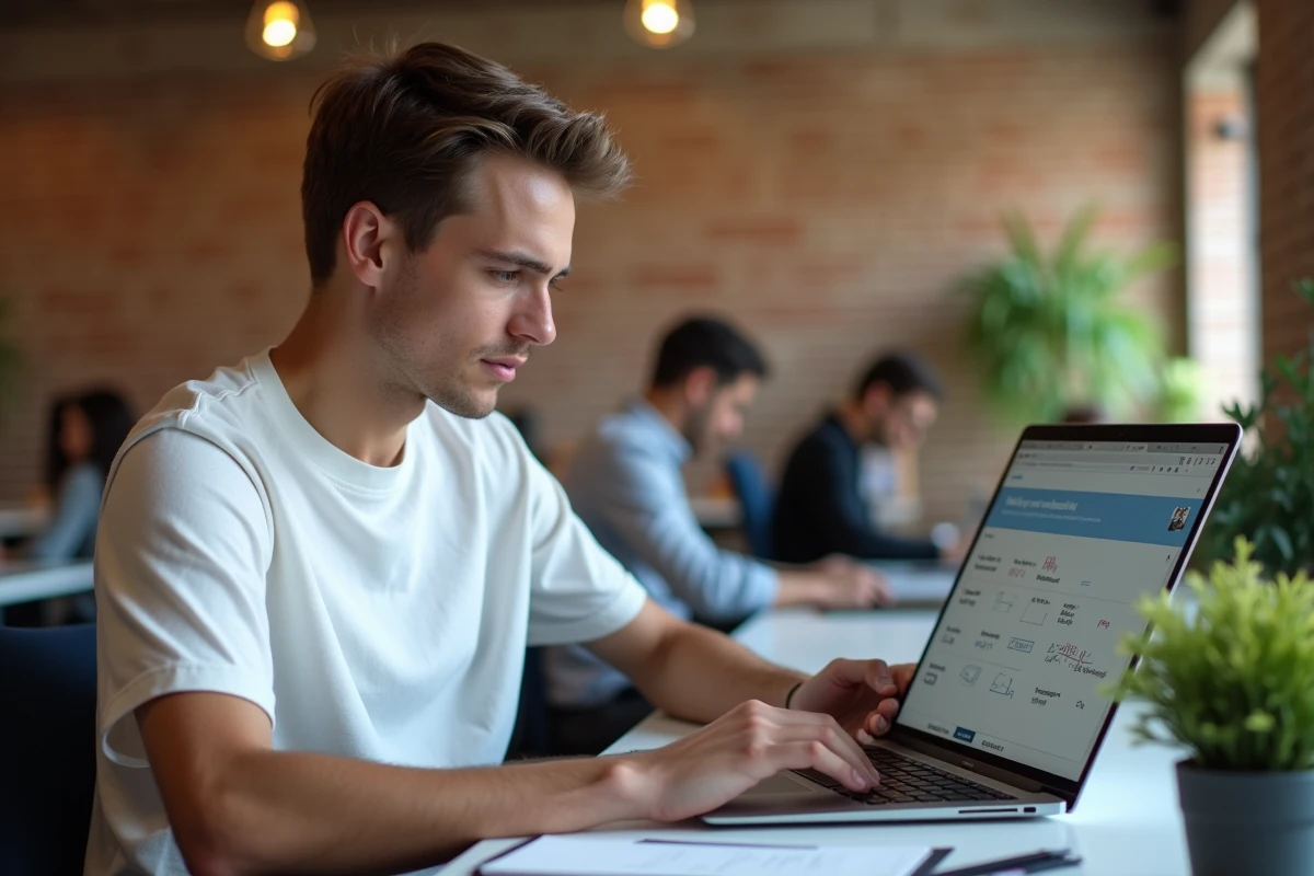 Jeune homme calculant l'autonomie d'une batterie sur un site web dans un espace de coworking