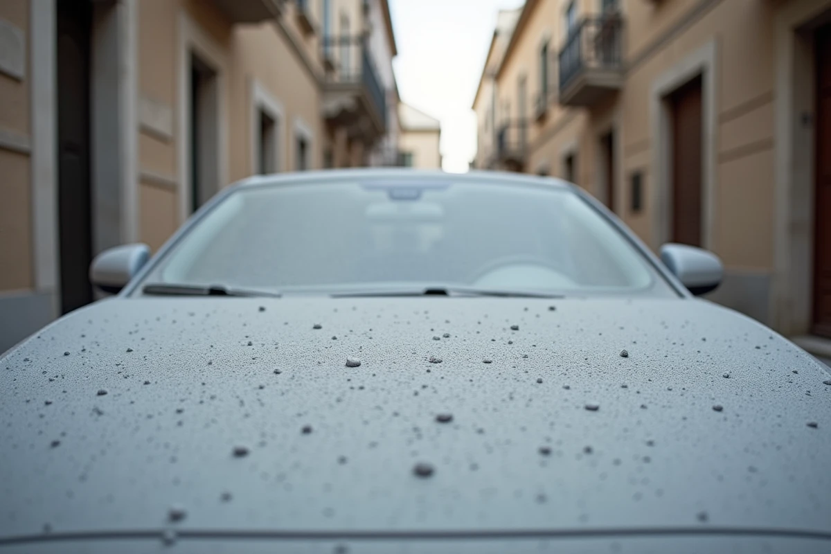 Voiture recouverte de cendres volcaniques grises de l'Etna dans une rue d'un village sicilien, retombées volcaniques sur les surfaces urbaines
