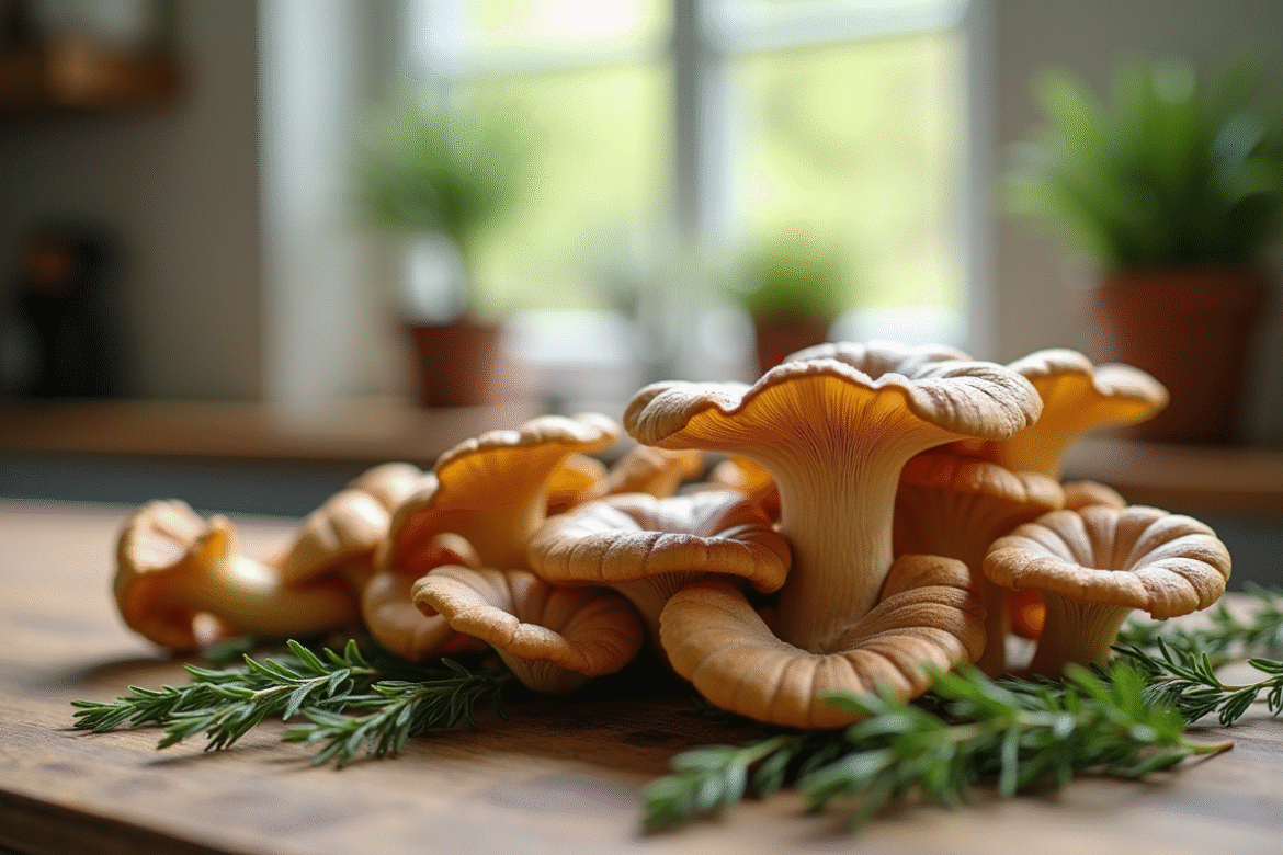 Champignons chanterelle grise sur une table en bois rustique