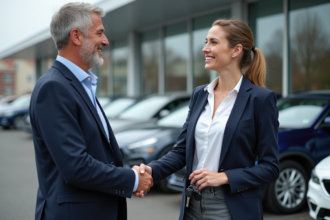 Homme en costume serrant la main d'une jeune femme avec clés voiture