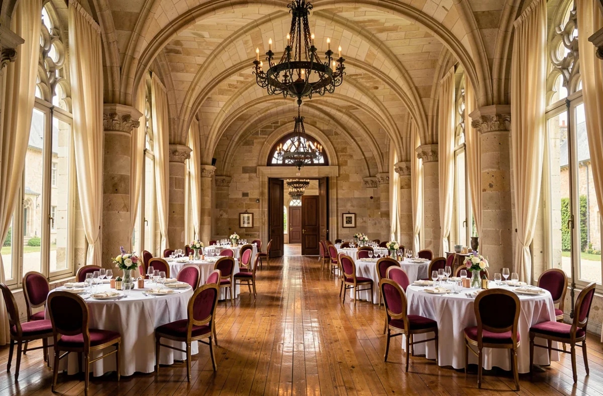 Salle de réception voûtée du Château de Chavagneux décorée pour un événement de prestige