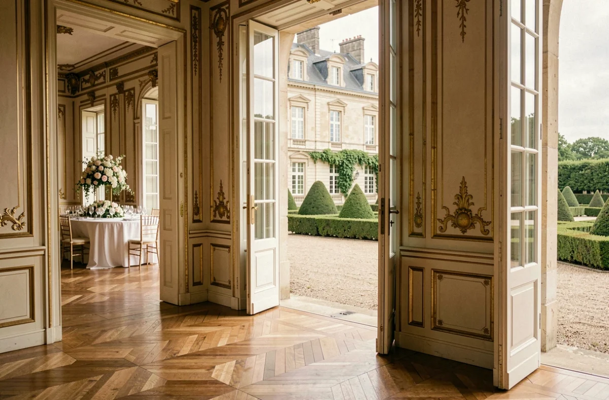 Château de Saint-Priest près de Lyon décoré pour un banquet de mariage dans un cadre patrimonial