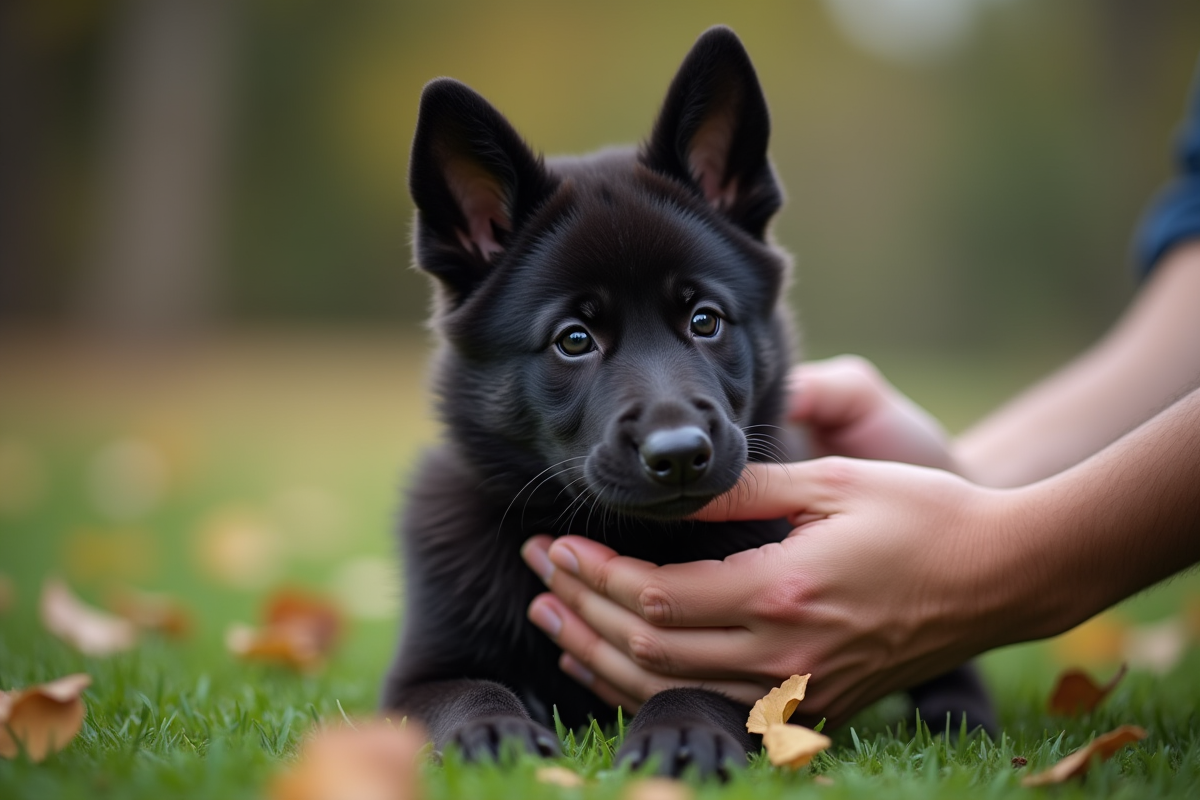 Chiot berger allemand noir avec un éleveur en extérieur