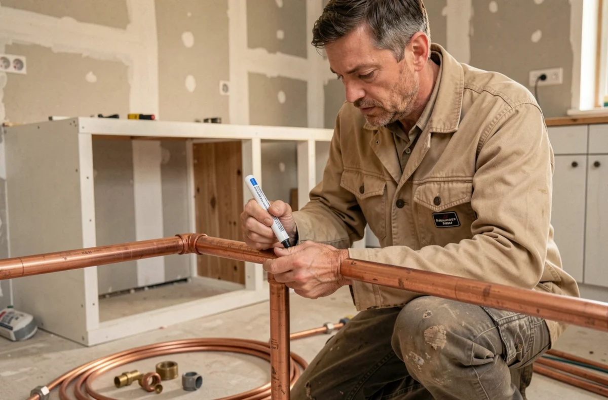 Christophe Petit artisan plombier mesurant et marquant un tube en cuivre lors d'une rénovation de cuisine au Havre