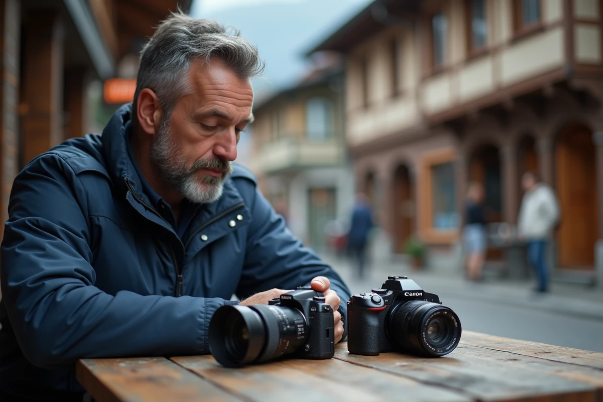 Homme comparant deux appareils photo sur une table de café en montagne lors d'un voyage