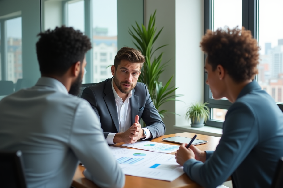 Conseiller financier expliquant des options de prêt à un couple dans un bureau moderne