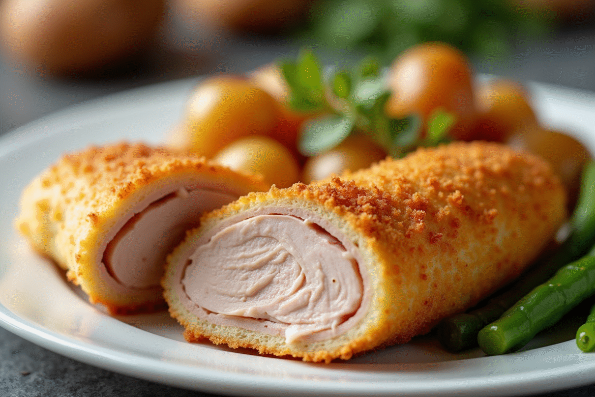 Cordon bleu tranché sur assiette blanche avec pommes de terre