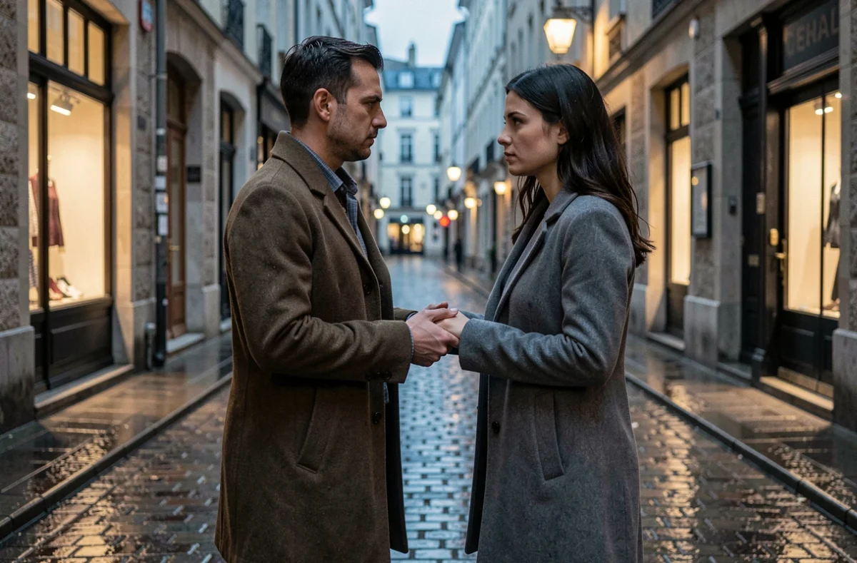 Couple face à face dans une ruelle pavée sous la pluie, leurs mains presque jointes symbolisant la tension entre amour impossible et séparation