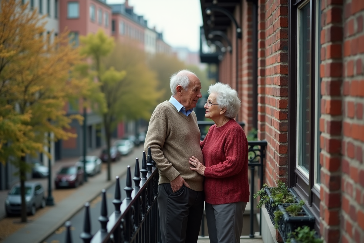 Couple agee discutant sur un balcon urbain