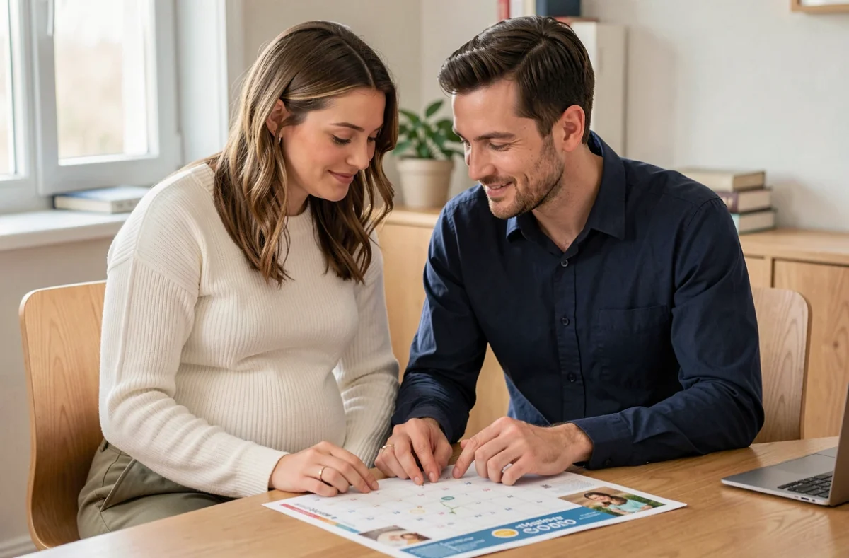Couple enceinte examinant un calendrier de grossesse semaine par semaine à la maison