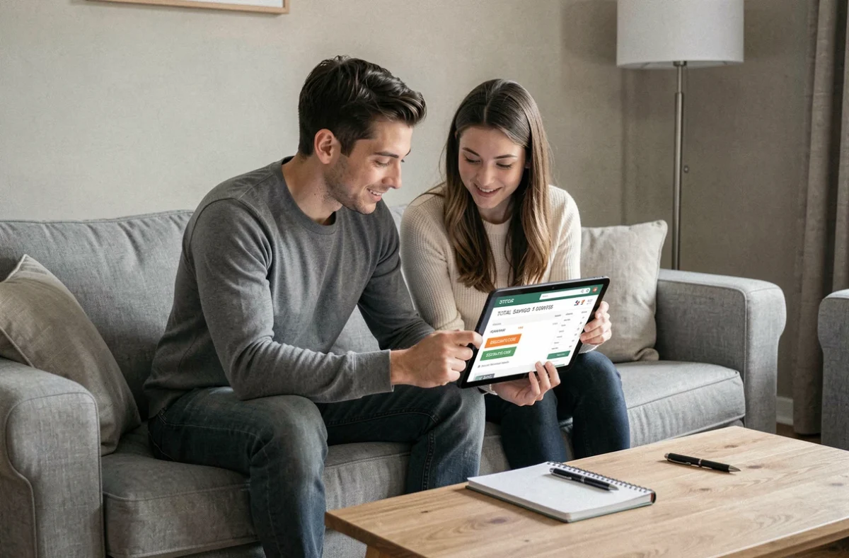 Couple comparant des codes promo et remises cumulées sur une tablette dans un salon contemporain