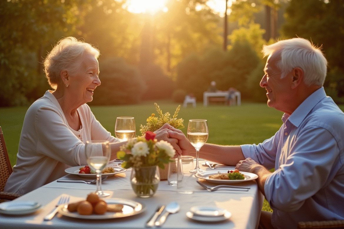 Couple agee souriant lors d'un diner en plein air
