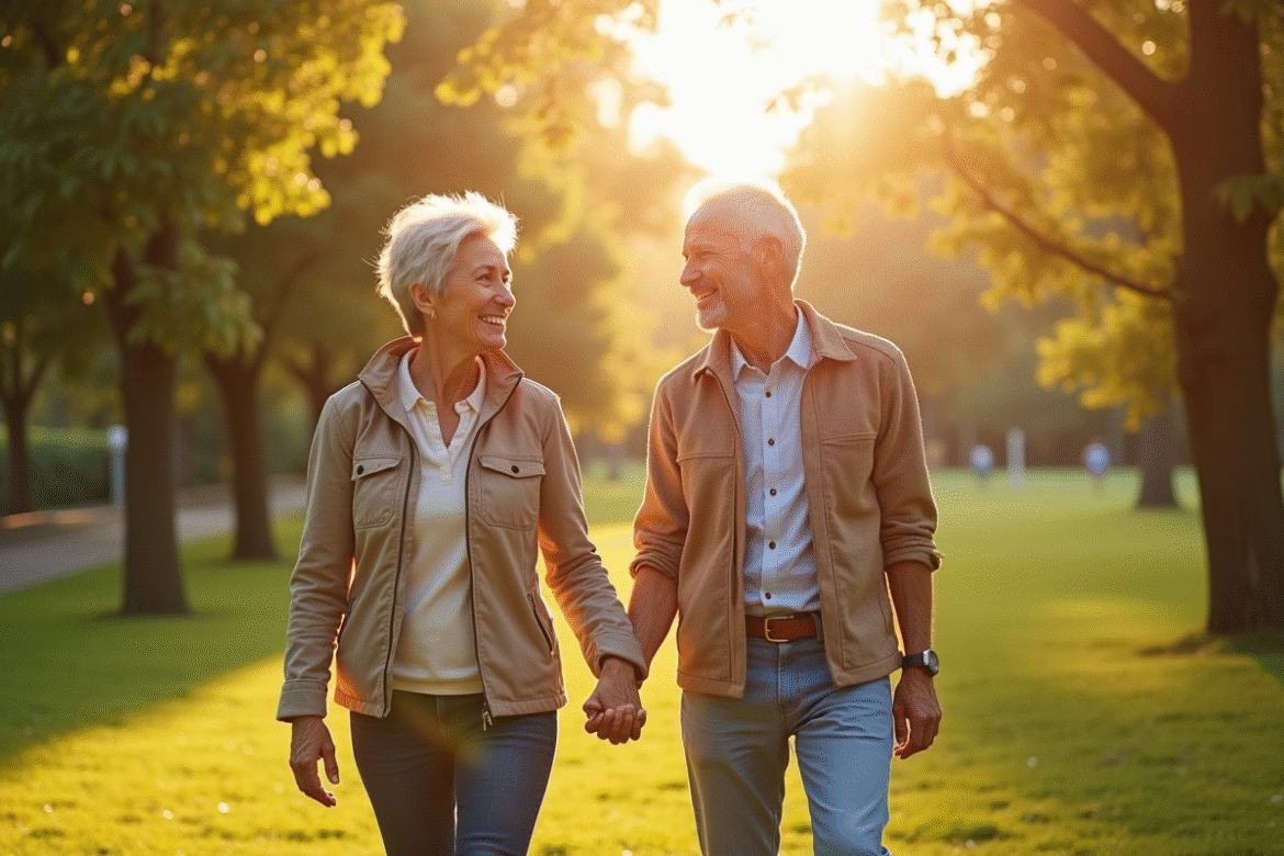 Couple mature main dans la main dans un parc ensoleille