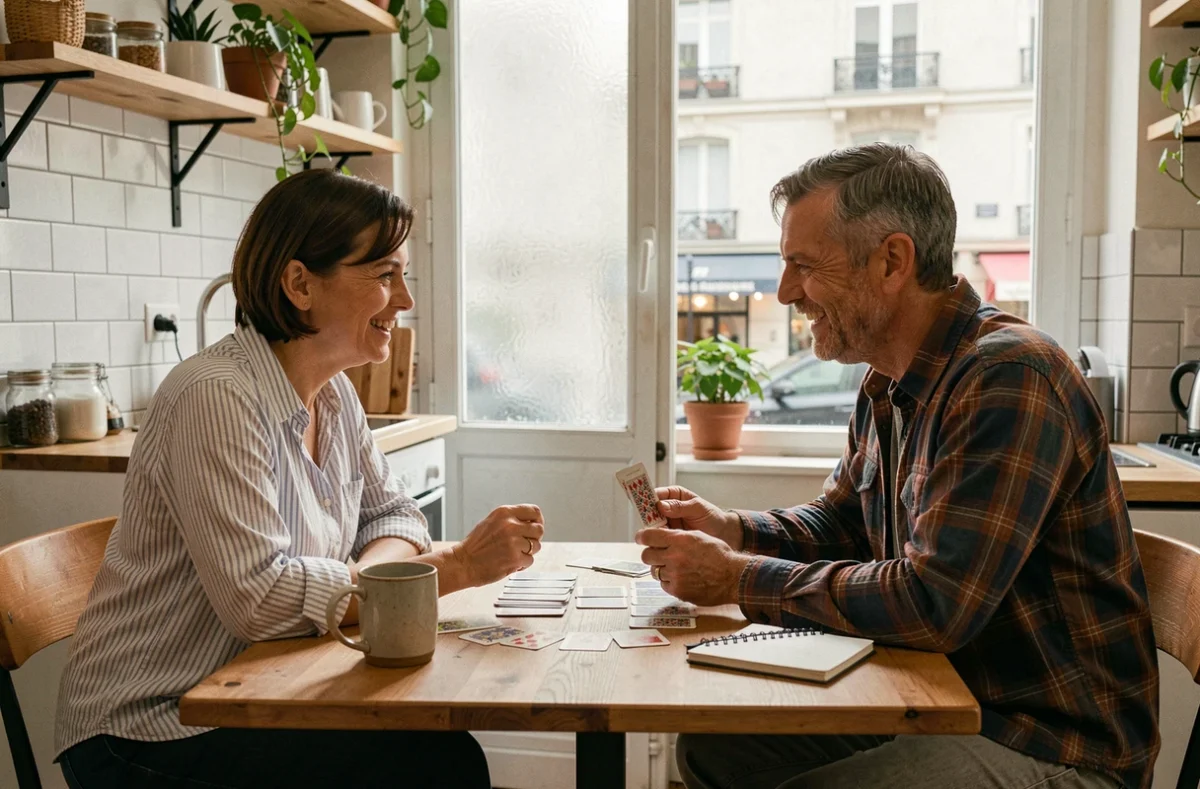 Couple jouant aux cartes dans une cuisine parisienne un samedi matin