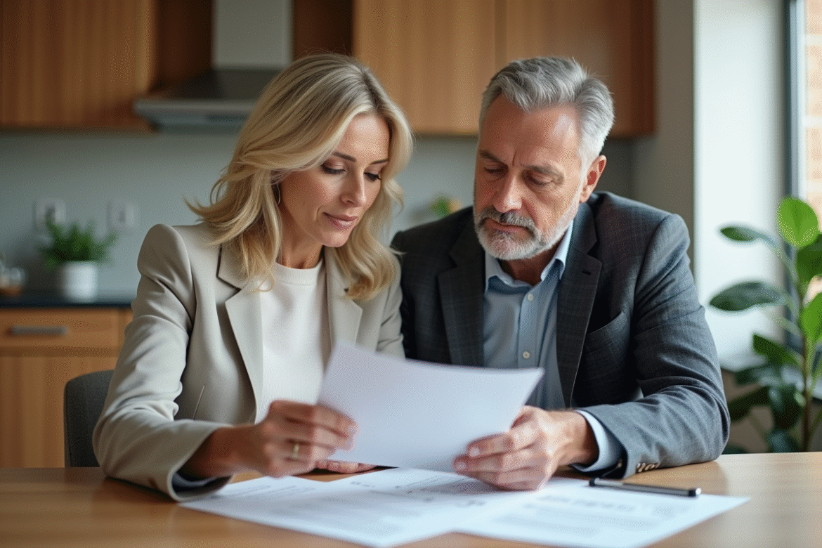 Couple d'adultes lisant des documents de prêt immobilier à la maison