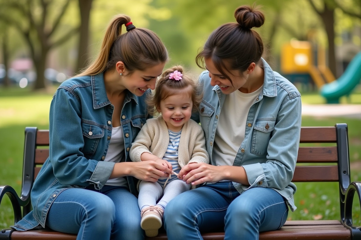 Jeune couple homosexuel avec enfant dans un parc urbain